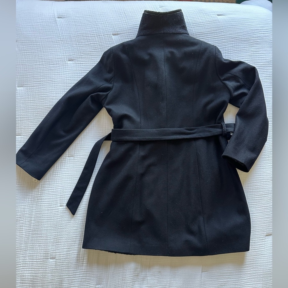 NWT Tahari Elaine Navy Blue Belted Wool Coat with Faux Leather Trim - Picture 6 of 11